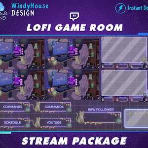 Cozy Twitch Overlay Stream Package, Cozy Gaming Room Purple Twitch Overlay, Lofi Cat Overlay For Twitch