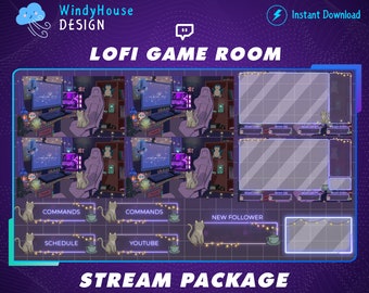 Cozy Twitch Overlay Stream Package, Cozy Gaming Room Purple Twitch Overlay, Lofi Cat Overlay For Twitch