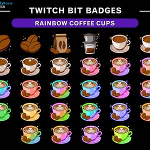 28x Rainbow Coffee Mugs Twitch Sub Bit Badges/ Coffee Twitch Badges Set/ Coffee Milk / Twitch Tier Badges