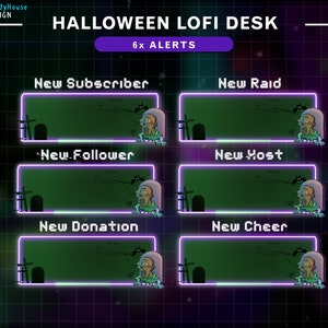 Animated Stream Alerts Halloween Lo-fi Desk Green Theme , Animated Twitch Alerts Halloween Room with Spider, Ghost, Skull...