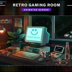 K&ouml;nnte beinhalten: Ein Retro-Gaming-Zimmer mit einem Computermonitor, der ein Smiley-Gesicht und den Text "Stream Ending" anzeigt. Der Raum ist mit Neonlichtern, einer Topfpflanze und verschiedenen Gaming-Accessoires dekoriert.