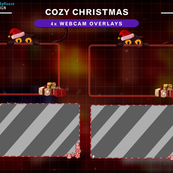 4x Animated Christmas Webcam Overlays, Cute Black Cat Webcam Overlay, Cute Custom Twitch, Stream Border, Noel, Twitch Cam