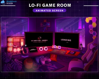 Animated Lo-fi Game Room Twitch Screens, Cozy PC Room  Stream Screens, Aesthetic Room with Night City Sky...