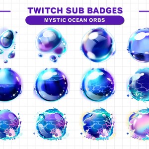 Op de afbeelding: Een set van 10 Twitch-abonnement badges met blauwe, paarse en roze oceaanorbs met verschillende ontwerpen. De orbs hebben een glanzende afwerking en zijn omringd door bubbels en koraal. De tekst "TWITCH SUB BADGES" en "MYSTIC OCEAN ORBS" wordt bovenaan de afbeelding weergegeven.