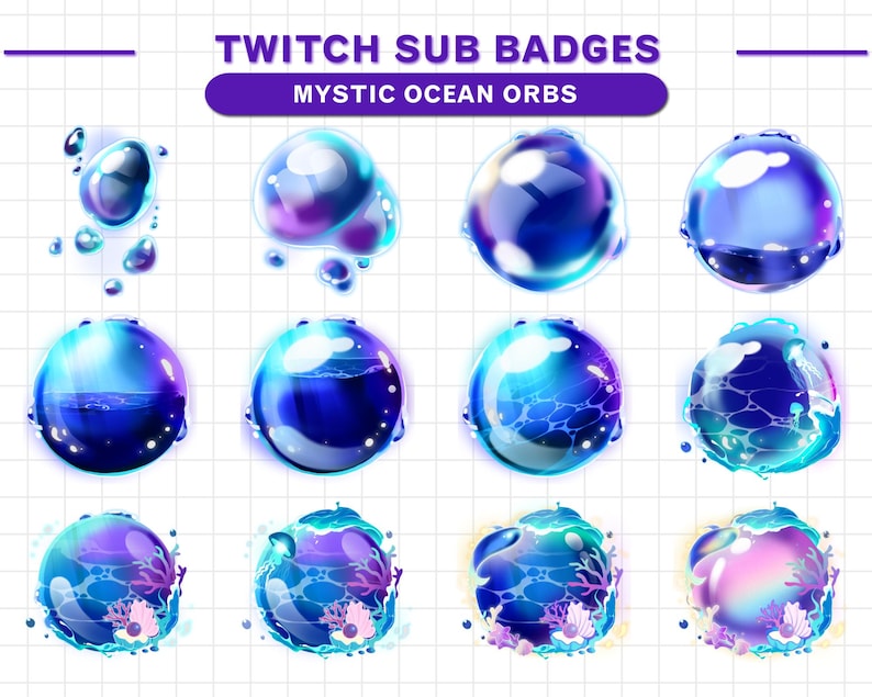 Op de afbeelding: Een set van 10 Twitch-abonnement badges met blauwe, paarse en roze oceaanorbs met verschillende ontwerpen. De orbs hebben een glanzende afwerking en zijn omringd door bubbels en koraal. De tekst "TWITCH SUB BADGES" en "MYSTIC OCEAN ORBS" wordt bovenaan de afbeelding weergegeven.