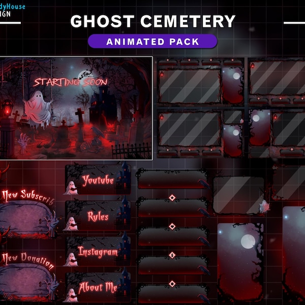 Animated Stream Package Cemetery Ghost , Halloween Twitch Overlay, Spooky Overlay with Tomb, Skull, Ghost, Bat...