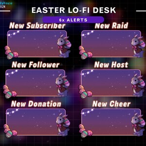 May include: Six animated Easter-themed Twitch alerts featuring a bunny holding an egg. The alerts are for new subscriber, new raid, new follower, new host, new donation, and new cheer.