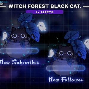May include: A black cat in a cauldron with a witchy forest background. The text "WITCH FOREST BLACK CAT." and "6x ALERTS" are at the top of the image. The text "New Subscriber" is at the bottom left of the image. The text "New Follower" is at the bottom right of the image.