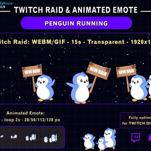 Peut inclure: Emote Twitch animé avec un pingouin bleu tenant un panneau "New Raid". Le pingouin court sur un fond bleu foncé avec des points blancs. L'image comprend du texte sur le format de l'emote et l'optimisation pour Twitch et Discord.
