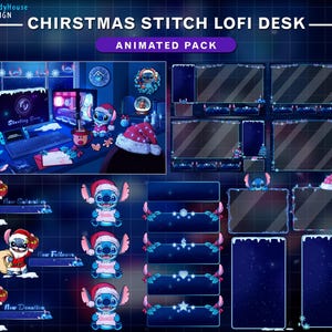 Pakiet animowanego strumienia świątecznego Stitch Lofi Desk, nakładka Stitch Twitch, ekran strumienia Stitch z choinką, światła świąteczne...