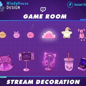 Animated Game Room Collection Stream Decoration, Milk Tea, HeadPhone, Cute Bunny, Kawaii Aesthetic, Graphics For Stream Add- On Overlay
