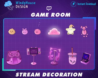 Animated Game Room Collection Stream Decoration, Milk Tea, HeadPhone, Cute Bunny, Kawaii Aesthetic, Graphics For Stream Add- On Overlay