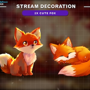 May include: Two cartoon foxes, one sitting and one sleeping, with orange fur and white accents. The text "STREAM DECORATION 2X CUTE FOX" is above the foxes.