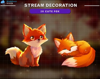May include: Two cartoon foxes, one sitting and one sleeping, with orange fur and white accents. The text "STREAM DECORATION 2X CUTE FOX" is above the foxes.