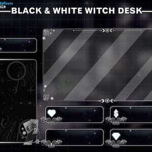 May include: A black and white witch desk design with the text "BLACK & WHITE WITCH DESK". The design includes a large rectangular area with diagonal stripes, and several smaller rectangular areas with celestial and hand-drawn graphics.