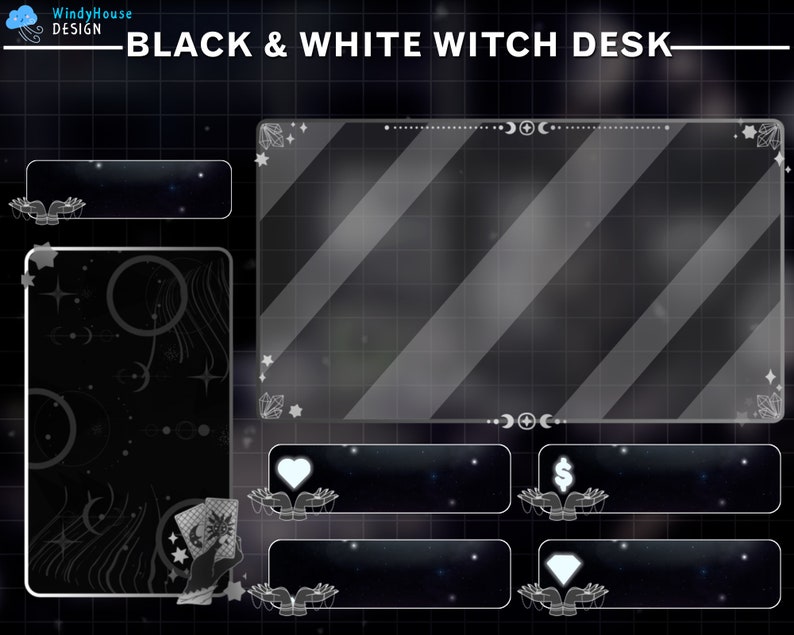 May include: A black and white witch desk design with the text "BLACK & WHITE WITCH DESK". The design includes a large rectangular area with diagonal stripes, and several smaller rectangular areas with celestial and hand-drawn graphics.