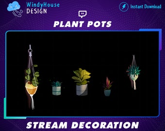 Op de afbeelding: Vijf verschillende plantenpotten met verschillende planten, waaronder een hangende pot, een succulent, een bladplant en een kleine rode bloem. De potten bevinden zich allemaal op een zwarte achtergrond met de tekst "PLANT POTS" en "STREAM DECORATION" in wit.