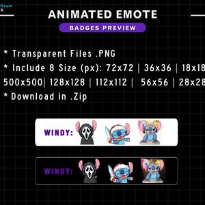 May include: Animated emote badges preview with a blue Stitch character in different poses. The text on the image reads "Animated Emote Badges Preview", "Transparent Files .PNG", "Include 8 Size (px): 72x72 | 36x36 | 18x18 500x500 | 128x128 | 112x112 | 56x56 | 28x28", and "Download in .Zip".