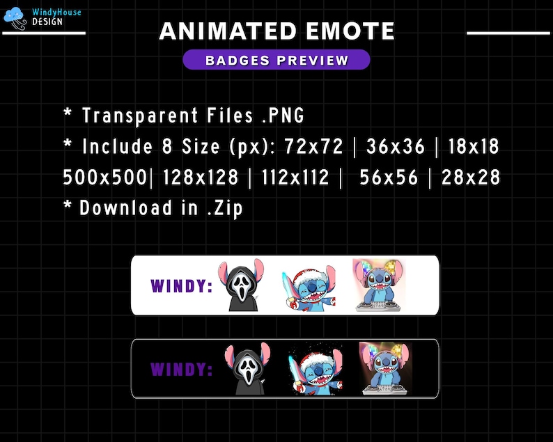 May include: Animated emote badges preview with a blue Stitch character in different poses. The text on the image reads "Animated Emote Badges Preview", "Transparent Files .PNG", "Include 8 Size (px): 72x72 | 36x36 | 18x18 500x500 | 128x128 | 112x112 | 56x56 | 28x28", and "Download in .Zip".