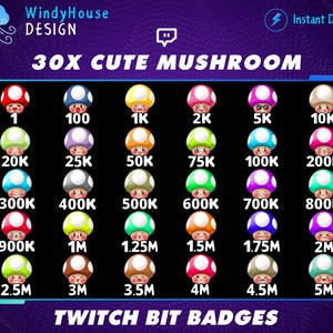 30x Cute Mushroom Twitch Bit Badges, Cute Twitch Bit Badges Set, Twitch Tier Badges For Streamers/Discord