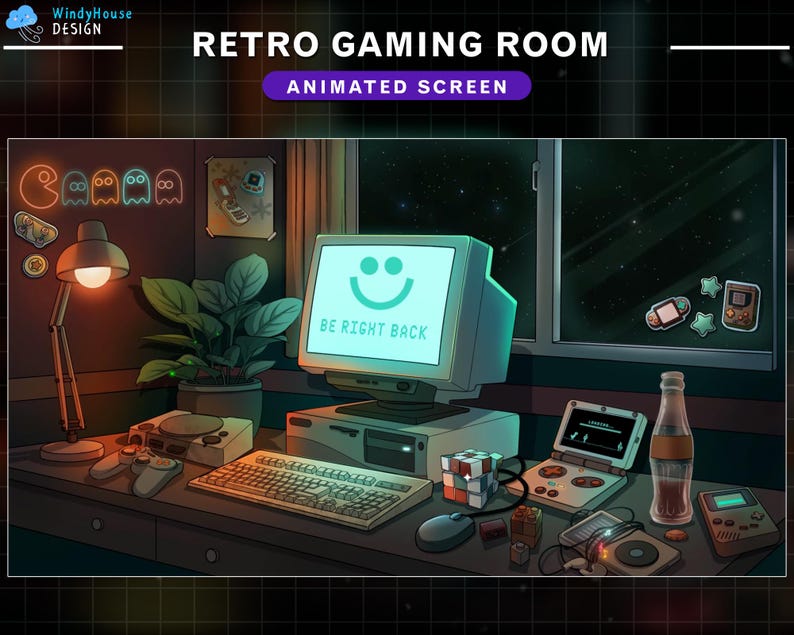 K&ouml;nnte beinhalten: Ein Retro-Gaming-Zimmer mit einem Computermonitor, der ein Smiley-Gesicht und den Text "BE RIGHT BACK" anzeigt. Der Raum ist mit Neonlichtern, einer Topfpflanze und verschiedenen Spielkonsolen und Zubeh&ouml;r dekoriert.