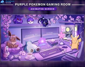 Animated Stream Screens Cozy Cherry Blossom Gaming Room, Purple Sakura Desk Setup Twitch Overlays with cute Animals for OBS Vtuber Kick