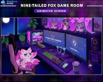 アニメーション化された Twitch スクリーン、九尾の狐のゲーム ルーム、PC セットアップによる日本の狐面の Twitch オーバーレイ、植物の鉢植え...