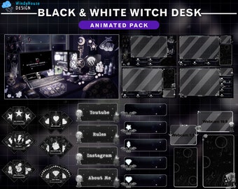 Animated Stream Package Black & White Witch Desk, Goth Twitch Overlay with Tarrot Card, PC Setup, Ghost, Skull, Candle, Poison...