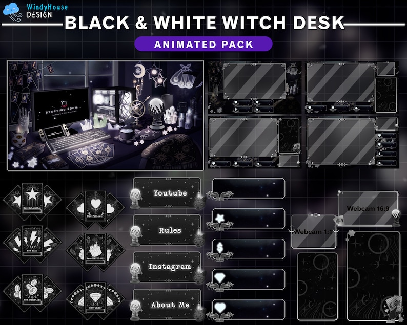 May include: A black and white animated pack for a witch-themed desk setup. The design includes a desktop background, webcam overlays, and social media buttons. The text includes "BLACK & WHITE WITCH DESK" and "ANIMATED PACK".