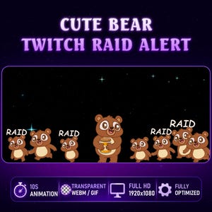 Könnte beinhalten: Eine digitale Grafik für einen Twitch-Stream-Alert. Das Bild zeigt Cartoon-Braunbären mit dem Text "RAID" darüber. Die Worte "CUTE BEAR TWITCH RAID ALERT" stehen oben. Zusätzlicher Text umfasst "10S ANIMATION", "TRANSPARENT WEBM/GIF", "FULL HD 1920x1080" und "FULLY OPTIMIZED".