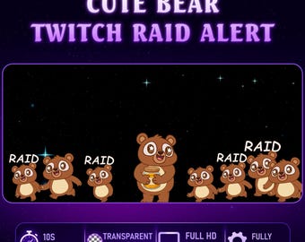 Animated Cute Bear Twitch Raid Alert, Bear Honey Stream Alerts, Bonus Bear Twitch Discord Emote