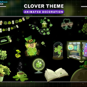 Puede incluir: Una colección de decoraciones animadas con temática de trébol, que incluye un duende, un trébol de cuatro hojas brillante, un libro, una caja de computadora y una planta en maceta. El texto "Clover Theme" y "Animated Decoration" se muestra en la parte superior de la imagen.
