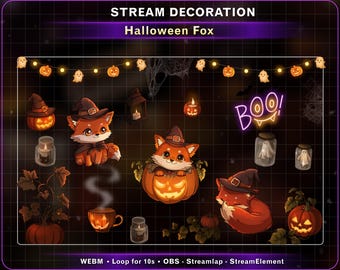 20x Animated Cute Halloween Fox Stream Decoration, Pumpkin Ghost, Halloween Twitch Overlay Decor, Spooky Fox Stream Assets for OBS, Vtuber