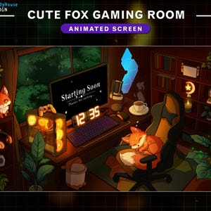 Animated Twitch Screen Cute Fox Streaming Room, Aesthetic Game Room Stream Overlay with PC Setup, Coffee, Plant Pots, Night Sky...