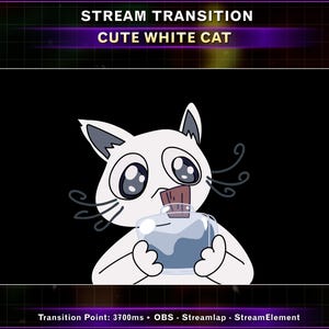Transizione animata per streaming con pozione magica del gatto bianco, sovrapposizione di stinger di Twitch del gatto strega