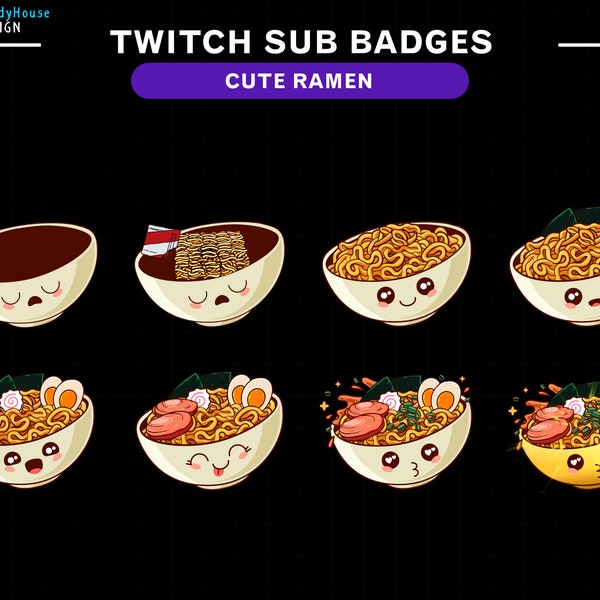 Cute Ramen Bowls Stream Badges Pack, Twitch Sub Badges, Kawaii Noodle Bowls, Twitch Japanese Overlay, Cute Theme