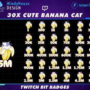 30x Banana Cat Twitch Bit Badges / Complete Twitch Bit Badges Set/ Twitch Tier Badges / Cat Sub Badges / Number Bit Badge / Gamer Graphics