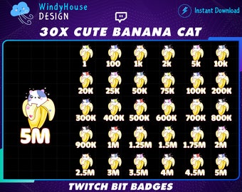 30x Banana Cat Twitch Bit Badges / Complete Twitch Bit Badges Set/ Twitch Tier Badges / Cat Sub Badges / Number Bit Badge / Gamer Graphics