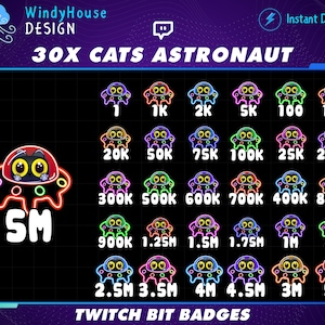 30x Neon Cat Astronaut Bit Badges / Complete Twitch Bit Badges Set/ Twitch Tier Badges, Cute Cats Sub Badges, Number Bit Badges