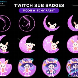 May include: A collection of Twitch sub badges featuring a moon witchy rabbit theme. The badges include lightning bolts, rabbits in crescent moons, and rabbits in witch costumes. The color palette is primarily purple, white, and black.