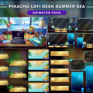 Peut inclure: Un ensemble de superpositions Twitch animées mettant en scène un personnage de Pikachu dans un décor de plage d'été. Les superpositions comprennent un écran de démarrage, une alerte de nouveau abonné, une alerte de nouveau follower, une alerte de nouveau raid, une alerte de nouvel hôte, une alerte de nouveau don, une alerte de nouveau cheer, une superposition de webcam, une superposition YouTube, une superposition à propos de moi, une superposition de crédits et une superposition Discord. Les superpositions sont conçues dans un schéma de couleurs bleu clair et jaune avec une ambiance de plage.