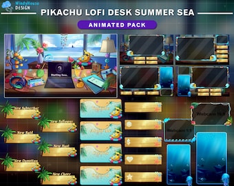 Puede incluir: Un conjunto de superposiciones animadas de Twitch con un personaje de Pikachu en un entorno de playa de verano. Las superposiciones incluyen una pantalla de inicio, una alerta de nuevo suscriptor, una alerta de nuevo seguidor, una alerta de nuevo ataque, una alerta de nuevo anfitrión, una alerta de nueva donación, una alerta de nuevo aplauso, una superposición de cámara web, una superposición de YouTube, una superposición de sobre mí, una superposición de créditos y una superposición de Discord. Las superposiciones están diseñadas en un esquema de color azul claro y amarillo con un ambiente playero.