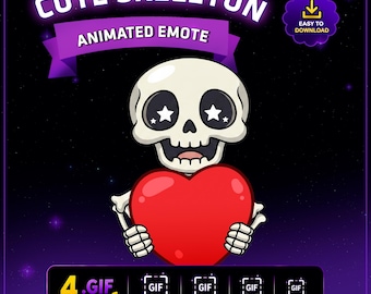 Cute Skeleton Love Animated Twitch Emote, Funny Bone Big Heart Stream Emotes for Twitch Discord