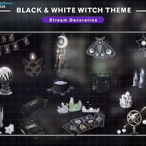May include: Black and white witch themed stream decoration set with various elements including a crystal ball, a cat, a cauldron, candles, tarot cards, a moon and stars, a moth, and a celestial globe.