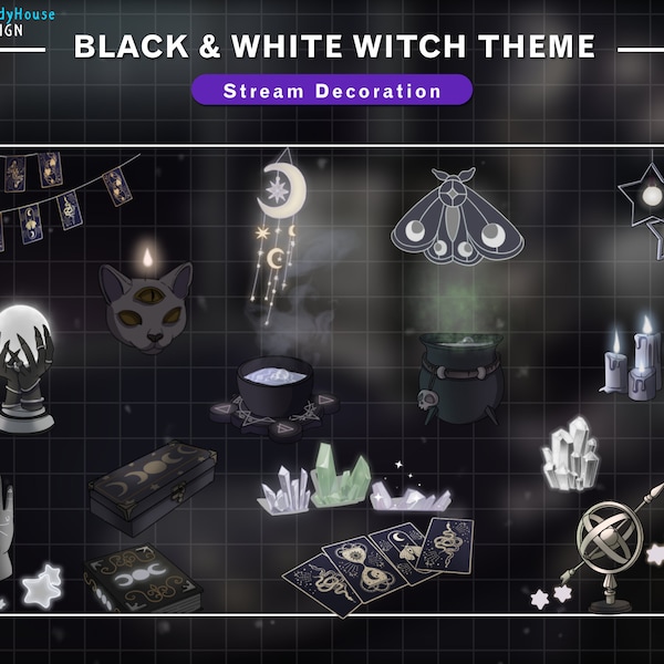 Decoración animada de la transmisión del tema de la bruja blanca y negra, superposición de Twitch gótica, tarjeta Tarrot, cristal, fantasma, vela...,Gráficos para Streamer