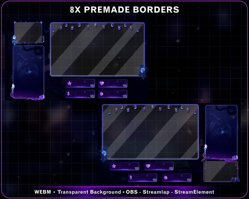 K&ouml;nnte beinhalten: Ein digitales Grafikdesign mit einem dunkelblauen und violetten Thema, das 8 vorgefertigte Rahmen f&uuml;r das Streaming enth&auml;lt. Das Design umfasst transparente Hintergr&uuml;nde und ist mit den Plattformen OBS, Streamlap und StreamElement kompatibel. Der Text "8X PREMADE BORDERS" steht oben.