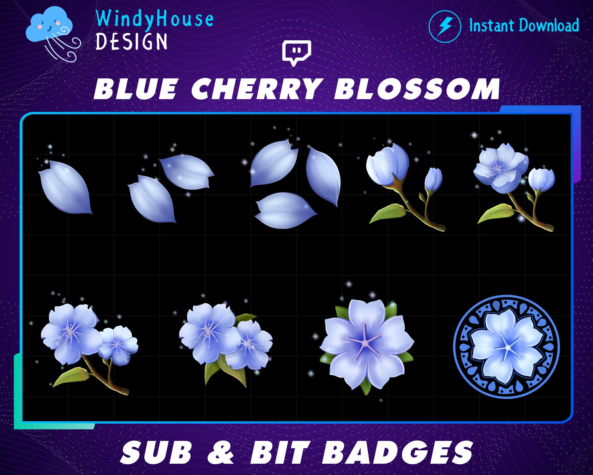 Cute Blue Pastel Cherry Blossom, Sakura Twitch Sub Badges, Bit Badges ...