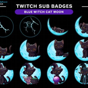 Blue Witch Cat Moon Twitch Sub Badges, Mystic Cat Twitch Badge Set, Crescent Moon, Crystal Ball, Magic Cauldron, Witchy Aesthetic