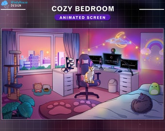 4x Animated Stream Screen for Twitch, Cozy Bedroom Twitch Overlay, Cute Cat Twitch, Starting Soon, BRB, Offline Screens