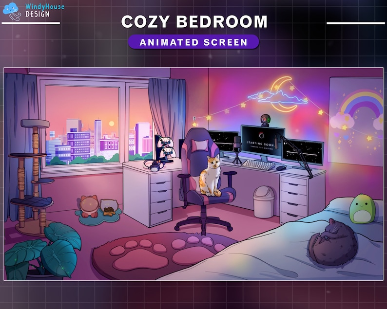 May include: A cozy bedroom with a pink and purple color scheme. The room features a gaming setup with a computer, a chair, and a cat sitting on the chair. There is a bed with a white blanket and a rainbow wall tapestry. The room also has a cat tree, a plant, and a window with a view of a city skyline.
